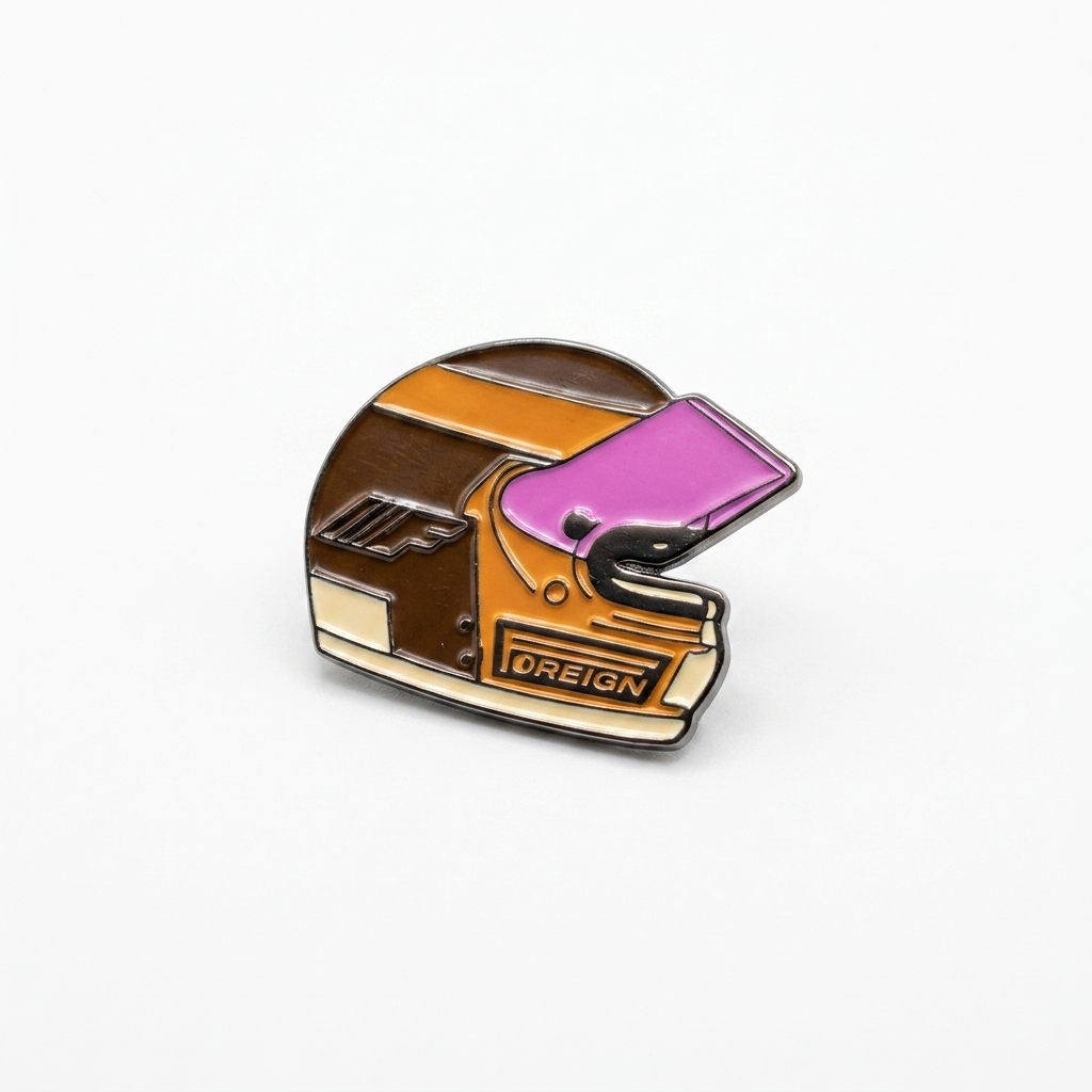 Foreign Int'l Helmet Pin 001 hard enamel racing helmet pin in brown and pink